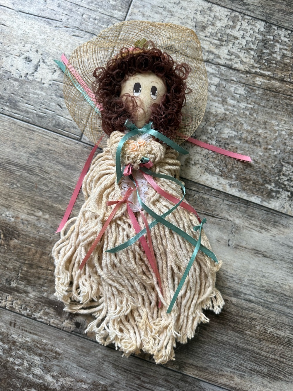 handmade folk art doll crafted from a vintage mop head w/ straw hat
